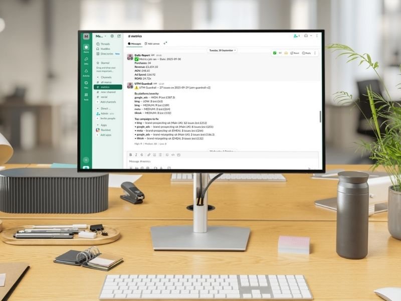 Insight Studio UTM Guardrail workflow automation demonstration. THe automation is shown on slack via a computer monitor on a wooden work desk.