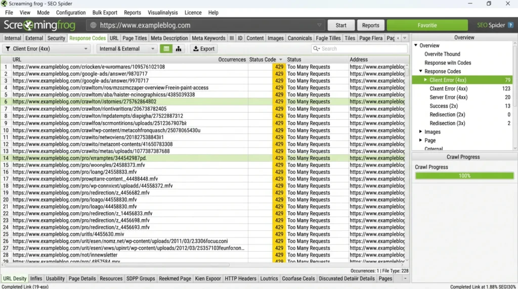 Screaming Frog image showcasing Status Code 429 errors on an example website | Altomate