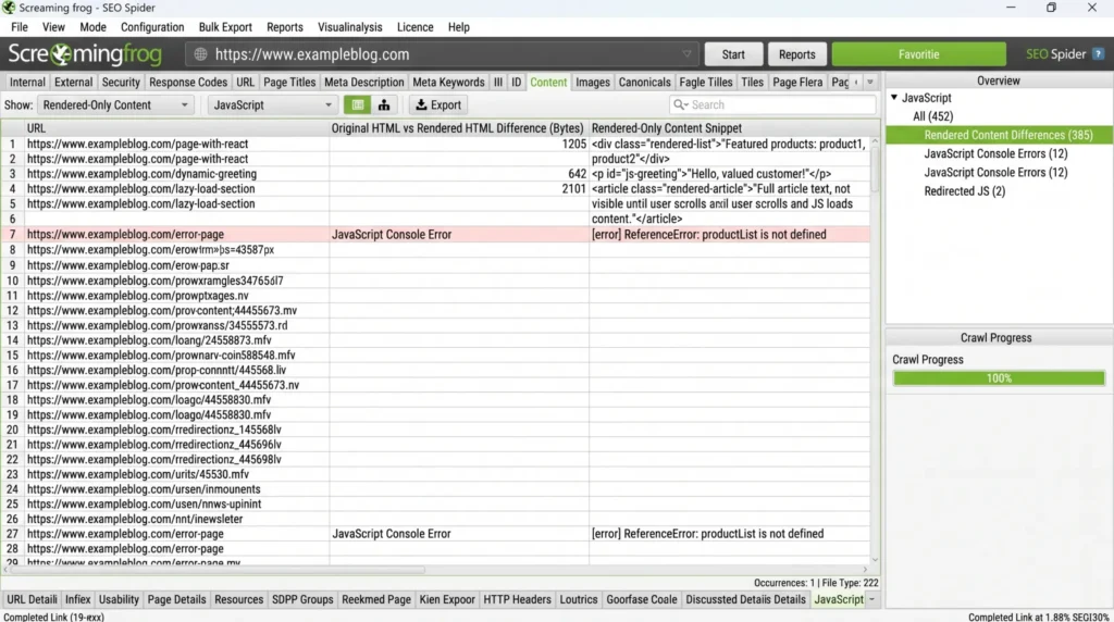 Screaming Frog  JavaScript console error | Altomate