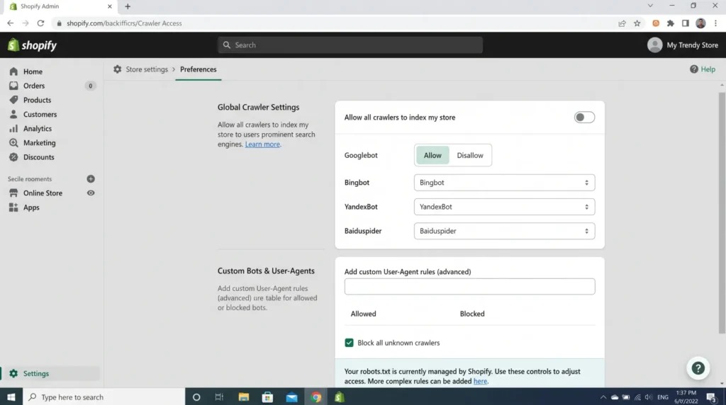 Image of Shopify admin that shows the setting to allow Google to crawl the website | Altomate